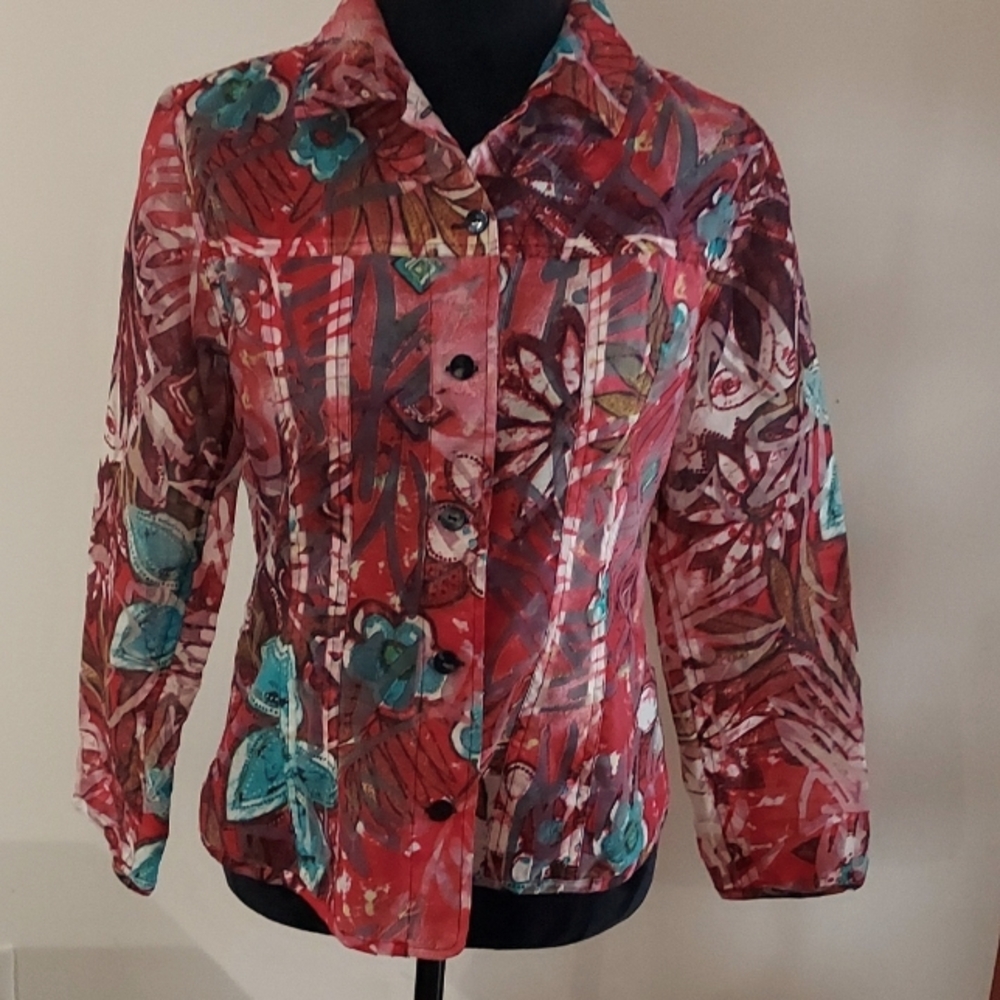 Chicos Red Floral Long Sleeve Button Up Linen Blend Blouse Size Medium